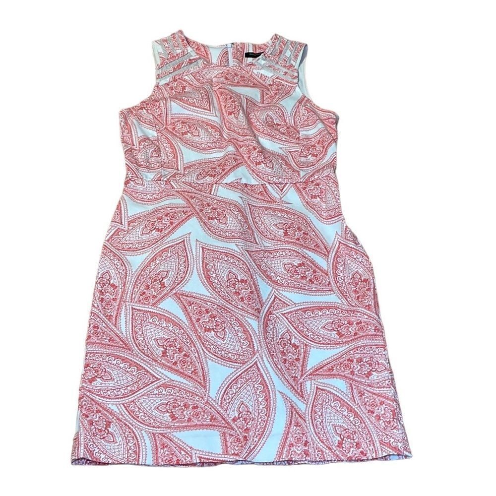 Banana Republic Sleeveless Dress, leaf pattern orange on white, Stretchy, 4
